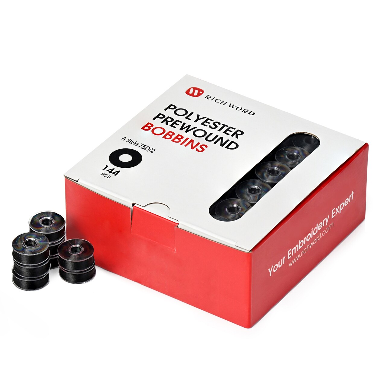 Richword Selected Prewound Bobbins Plastic Sided, Size A (Class 15 / SA156) 144pcs, 70D/2 & 75D/2 Polyester Embroidery Bobbin Thread, Black & White, 125–130 Yards, for Single Needle Embroidery & Sewing Machines